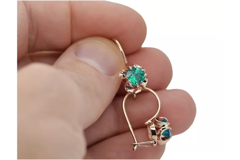 Vintage Russian 14K Rose Gold Emerald Earrings - Authentic Soviet Jewelry vec035