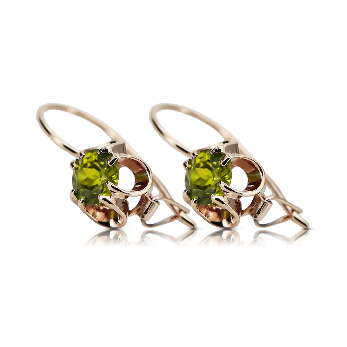 Pendientes Vec035 de Oro Rosa Antiguo 14k con Peridoto, Diseño Vintage Ruso Soviético style