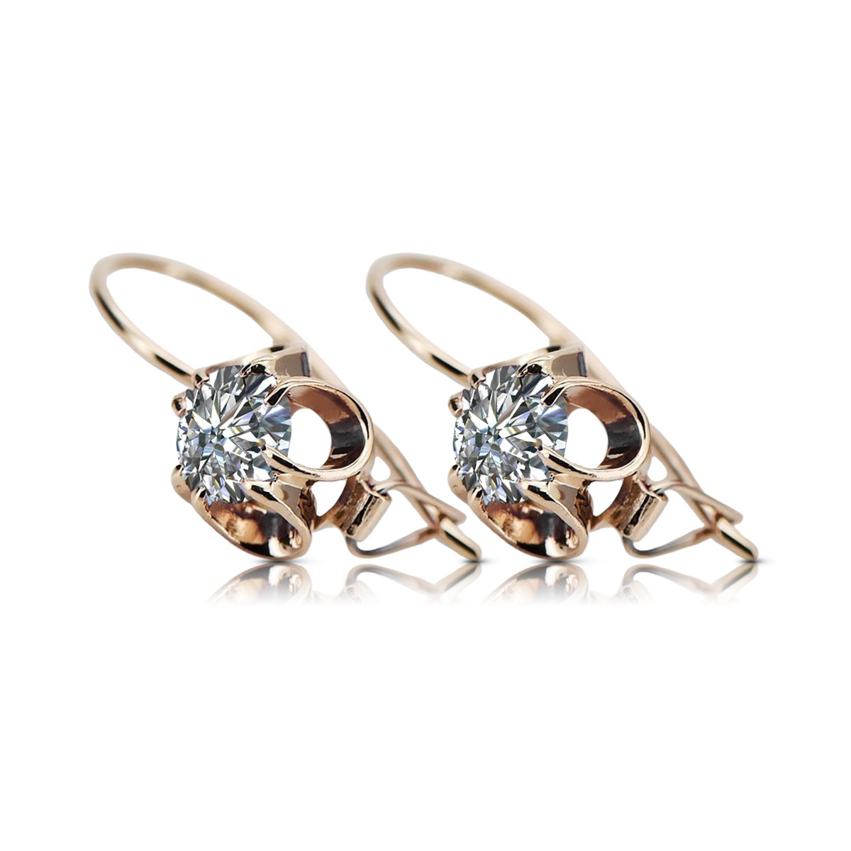 Or rose 14 carats avec zircon, Boucles d'oreilles vintage d'origine soviétique russe. style