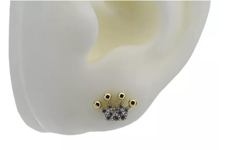 Italian 14k 585 yellow gold crown zircon earrings cec015y