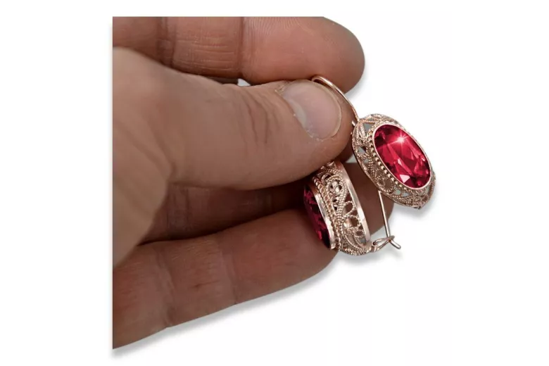 "VEC023 Vintage Russian Soviet Ruby Earrings in 14k Rose Pink Gold, Original" style