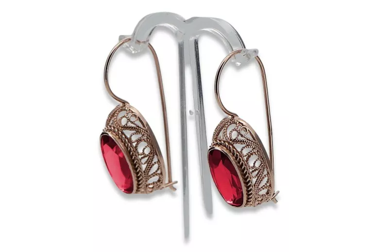 Boucles d'oreilles vec023 en or rose 14 carats, ornées de rubis - Création vintage d'origine russe style