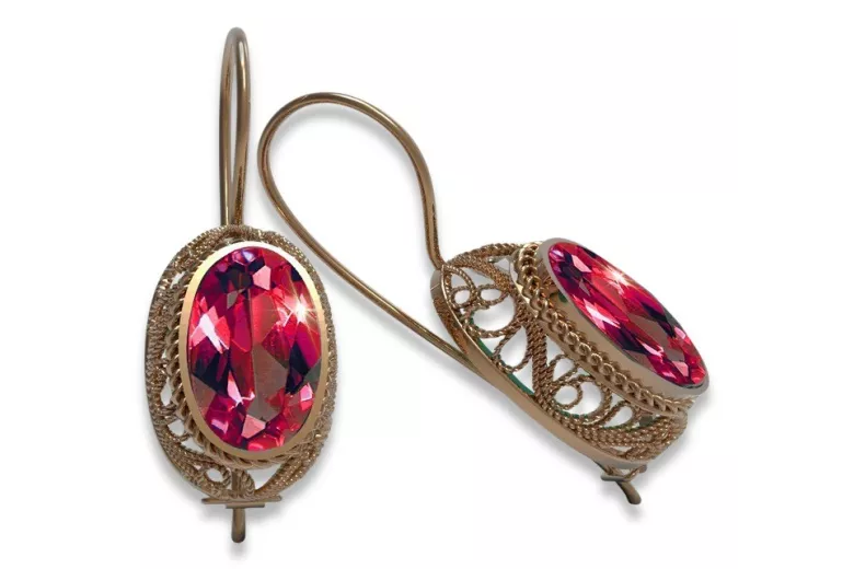 Boucles d'oreilles vec023 en or rose 14 carats, ornées de rubis - Création vintage d'origine russe style