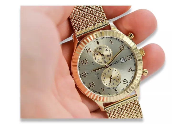 Złoty zegarek damski z bransoletą unisex 14k 585 Geneve mw007y&mbw014y-f