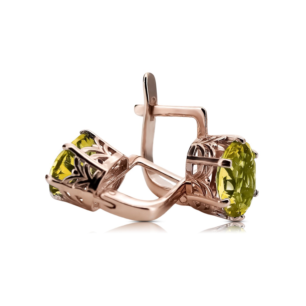 "Original Vintage Piece - 14k Rose Pink Gold Earrings with Yellow Peridot, Soviet Russian Era vec003" style