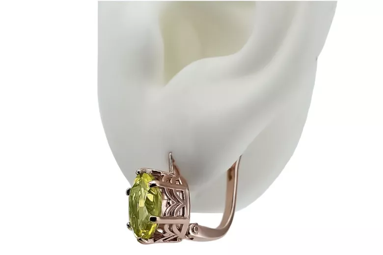 "Original Vintage Piece - 14k Rose Pink Gold Earrings with Yellow Peridot, Soviet Russian Era vec003" style