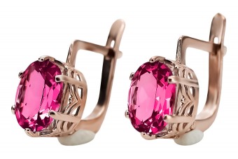 Original Vintage Ruby Earrings Crafted in 14K Rose Pink Gold - Russian Soviet Design vec003