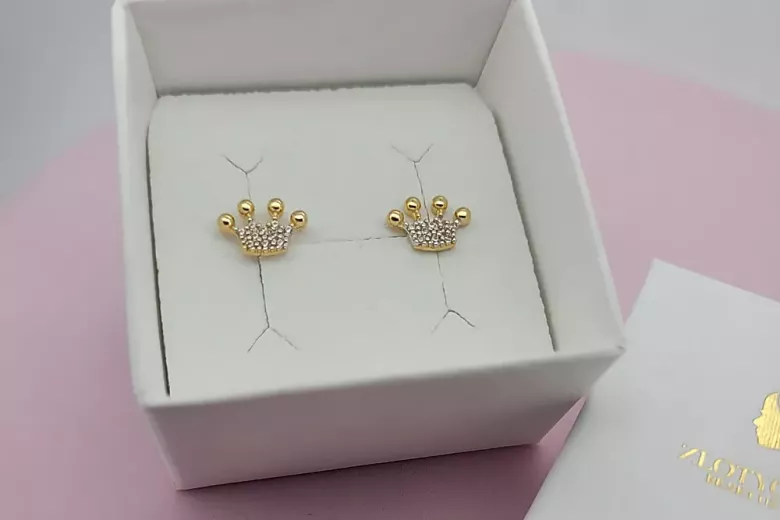 Italian 14k 585 yellow gold crown zircon earrings cec015y